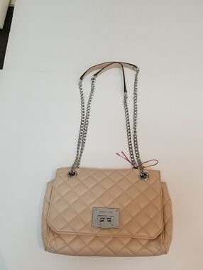 Michael Kors Quilted Beige Shoulder Bag with Silver Chain Straps